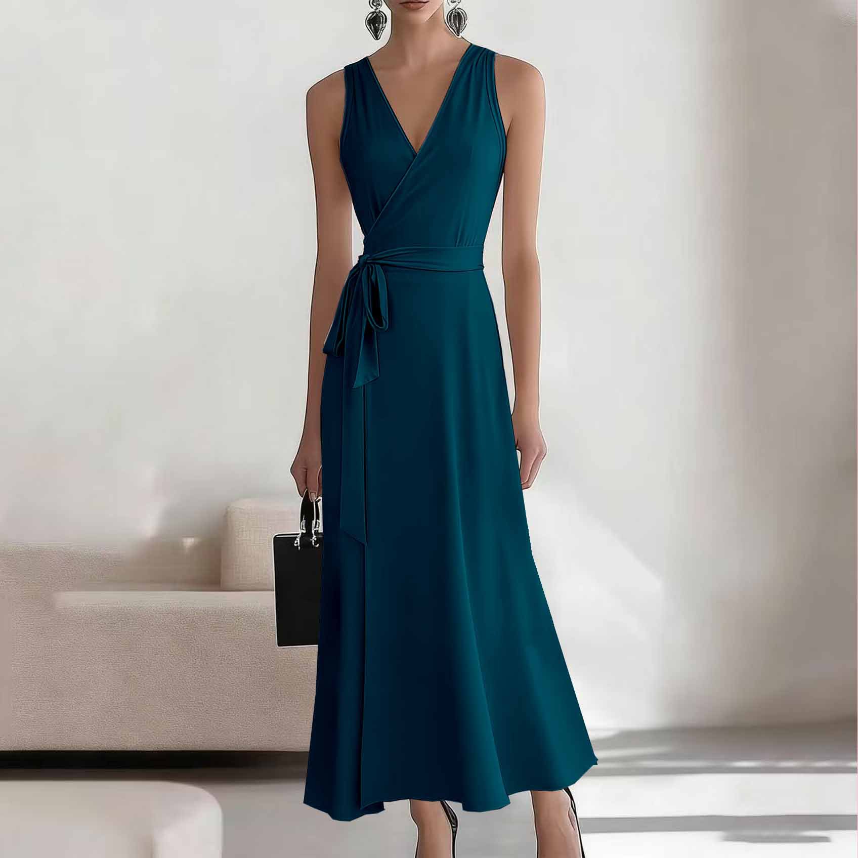 2026 European American Style New Sleeveless Elegant Cross-neck Belted Knitted Dress For Cross-border E-commerce On_ecoleips.com