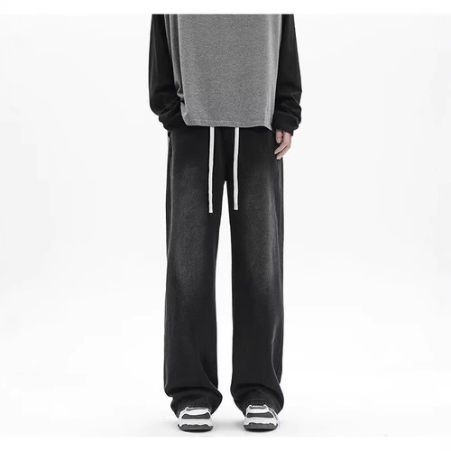 Black American style versatile trendy brand jeans for men, summer new arrival high street fashion loose wide leg casual pants