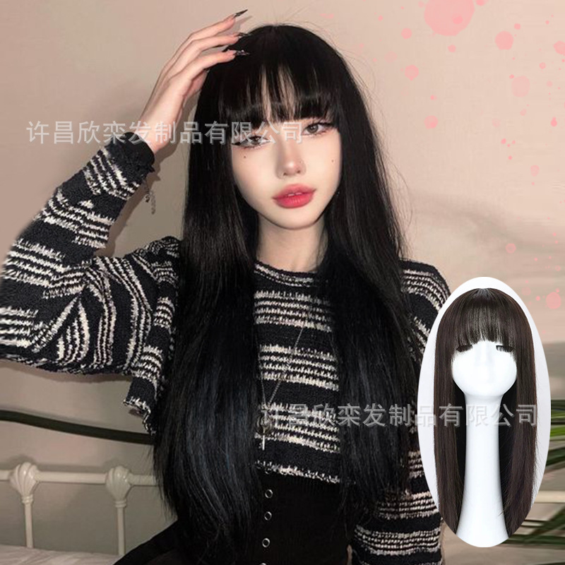 Full Lace Wig with Bangs for Women, Long Natural Human Hair, Invisible Seamless Black Long Straight Full Head Wig