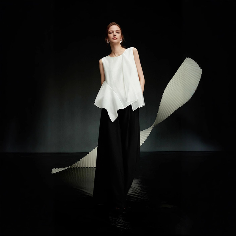 E Series White Ruffled Acetate Sleeveless Blouse for Women 2026 Summer New Style High-End Tencel Chiffon Shirt