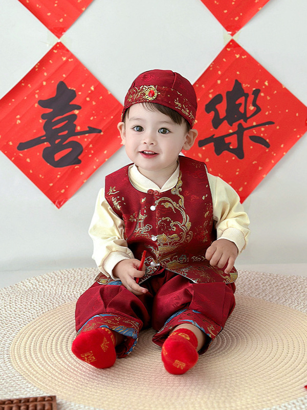 男宝宝周岁礼服婴儿衣服冬装新中式婴幼儿汉服唐装加绒加厚四件套|undefined