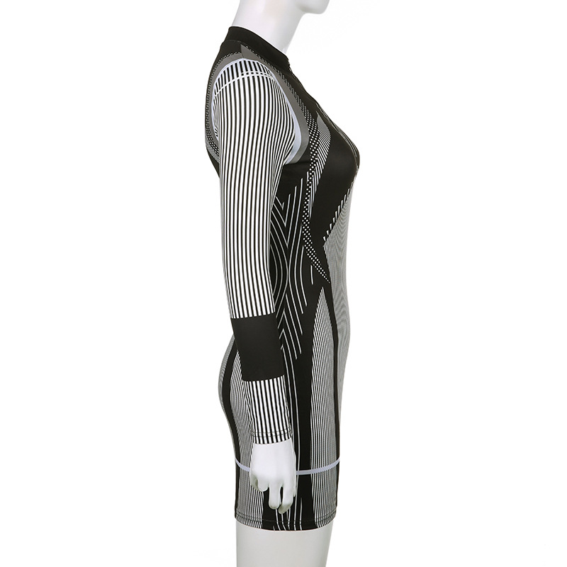 Fashion Stripe High Neck Long Sleeve Printing Zipper Spandex Polyester Above Knee Sheath Dress