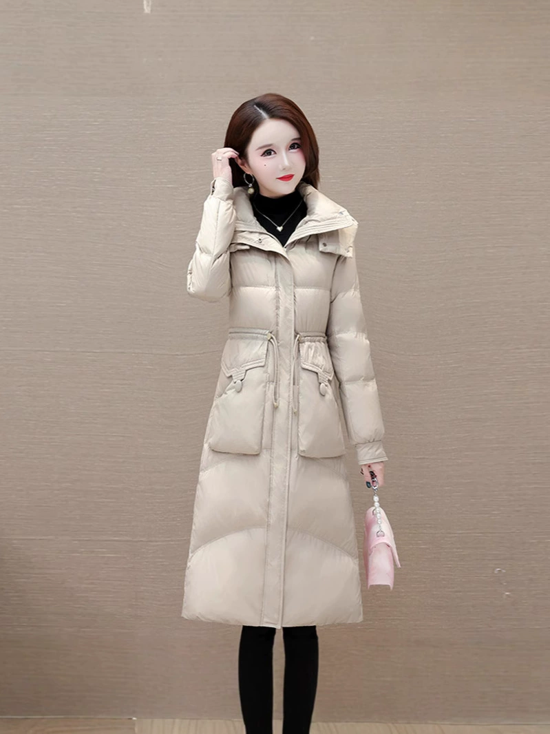 Fitted warm long brace, down jacket with hood, Korean style