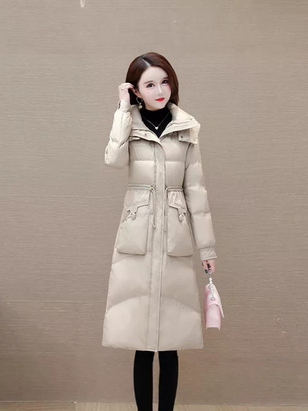 Fitted warm long brace, down jacket with hood, Korean style