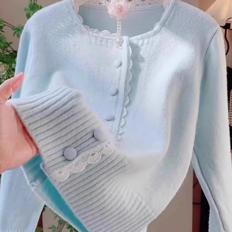 Sweet and Gentle Lace Milky Blue Sweater Jacket for Women Spring & Fall New Niche Style Knitted Cardigan Top