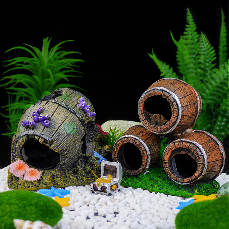 Nuevo conjunto de decoración para acuarios, adorno de barril, escondite para peces, decoración para acuarios, barril de madera, refugio de resina para reptiles. image 4