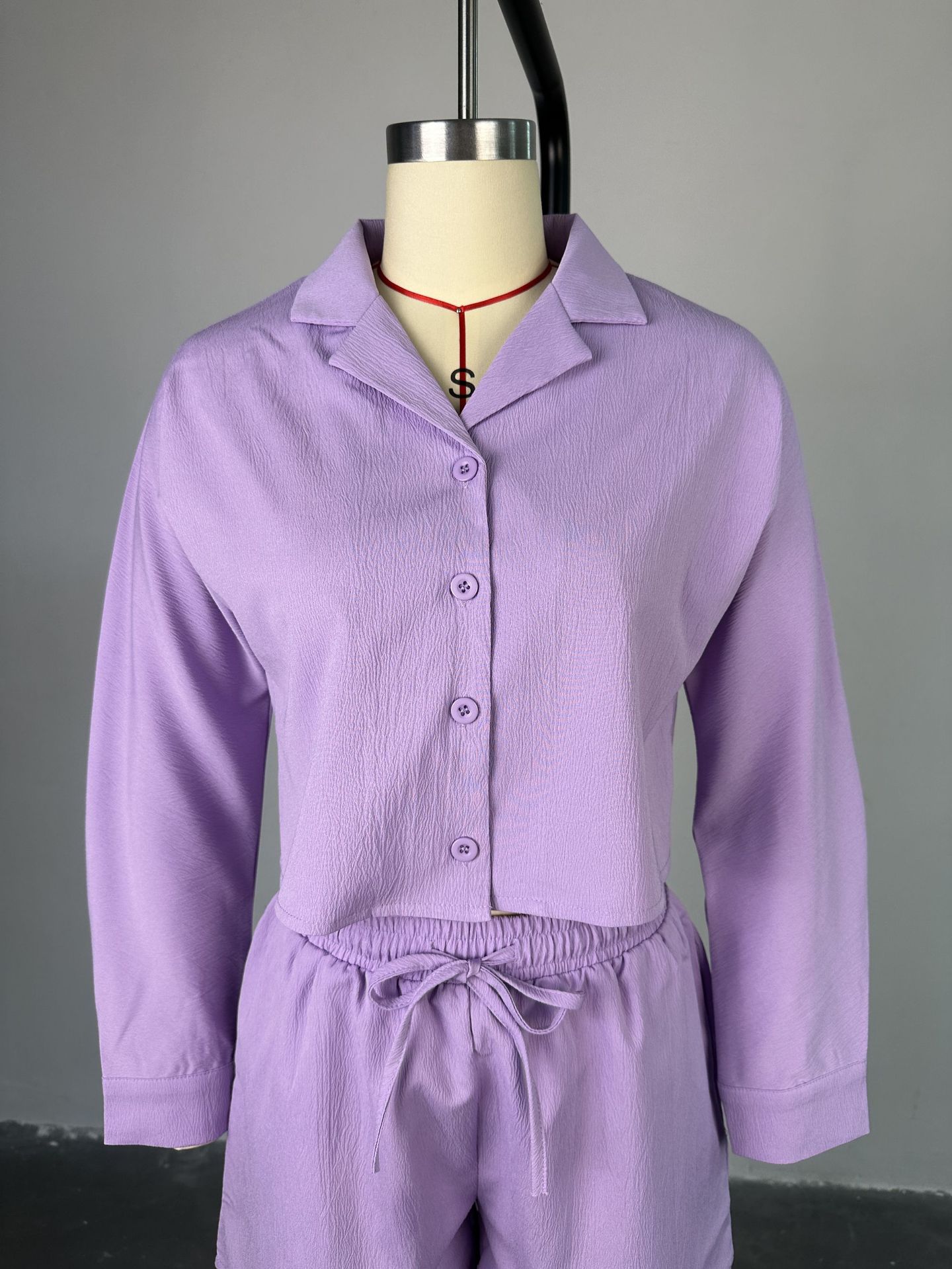 Women Clothing Summer Sweet Fresh Suit Collar Long Sleeve Shirt High Waist Drawstring Shorts Casual Suit