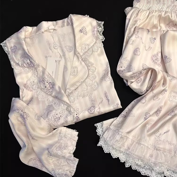 Ice Silk Pajamas for Women, Spring and Autumn Sweet Princess Style Lace-Trimmed Long-Sleeved Summer Three-Piece Set, Short-Sleeved Home Clothes
