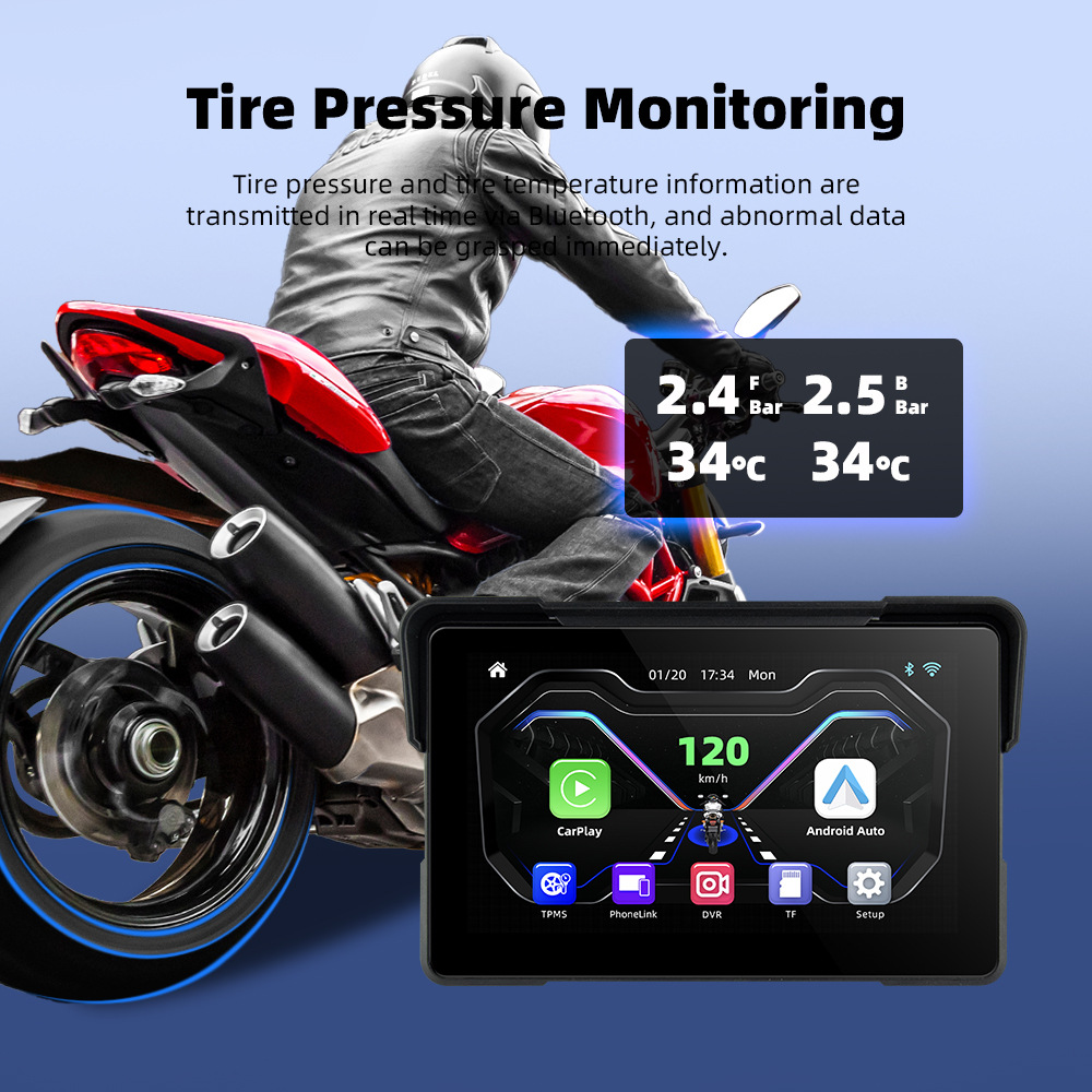 7inch Motorcycle Portable Wireless Carplay Navigation Device Ips Hd Waterproof Tire Pressure Monitoring Vehicle Display Screen