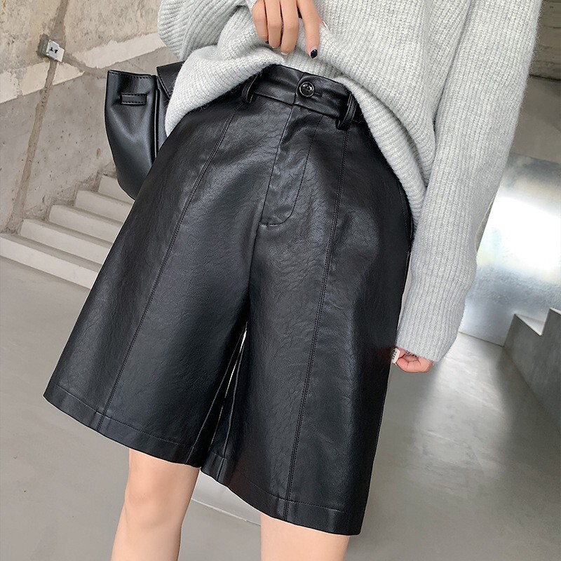 2025 Women's Leather Shorts Autumn and Winter Pu Washed Leather Pants High-Waisted Wide-Leg Knee-Length Loose Slimming Boot Shorts Straight Mid-Length Pants