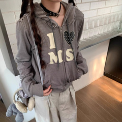 小唧煲美式复古爱心条纹连帽卫衣女秋季新款设计感宽松开衫外套