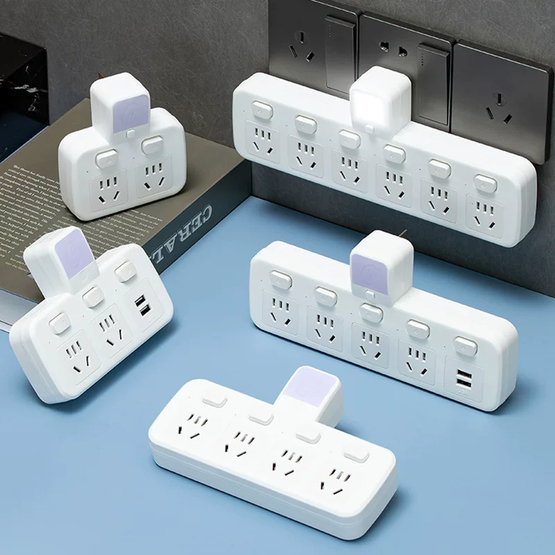 Multi-hole multi-function converter with night light and USB socket white