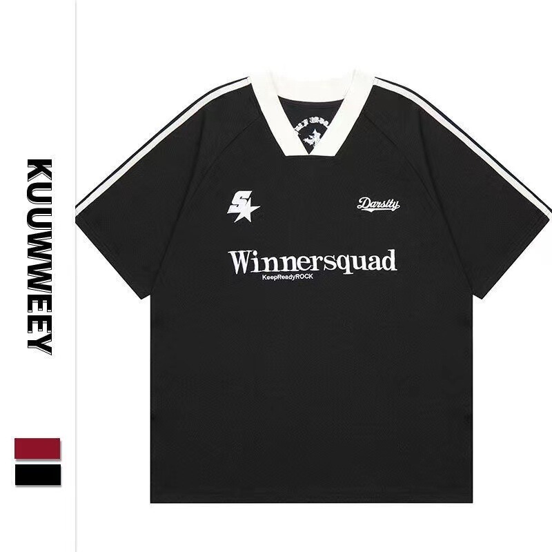 American Style High Street Vintage Embroidered Color-matching V-neck Short-sleeve T-shirt Men's and Women's Loose Casual Couple's Sports Jersey Half-sleeve Trendy American Style High Street Vintage Embroidered Color-matching V-neck Short-sleeve T-shirt Men's and Women's Loose Casual Couple's Sports Jersey Half-sleeve Trendy