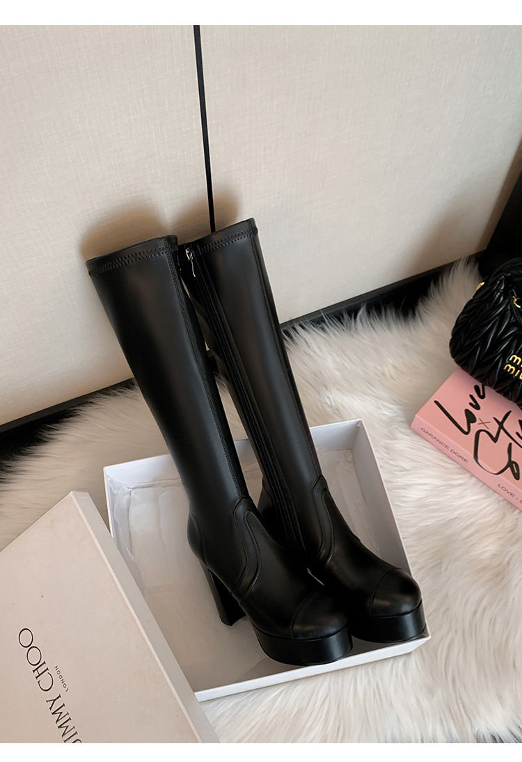 Boot nữ cổ cao ôm bắp chân gót 11cm đế platform mũi tròn — Quả mơ ống nhỏ đơn li, Lớp lót nhung lớn màu đen, Lớp lót nhung ống nhỏ màu mơ, Ống nhỏ màu đen đơn li chi tiết 20