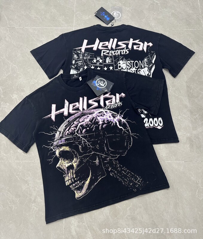 跨境美式2025Hell地狱之星小众潮牌复古印花休闲宽松圆领短袖T恤|undefined
