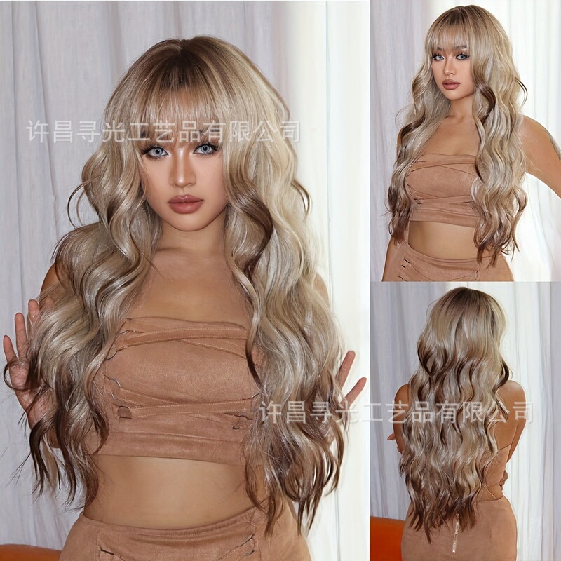 TEMU HIYON Hot Selling Blonde Bangs Gradient Blonde Wavy Long Hair Qi Bangs Wigs Amazon Hot Selling wigs