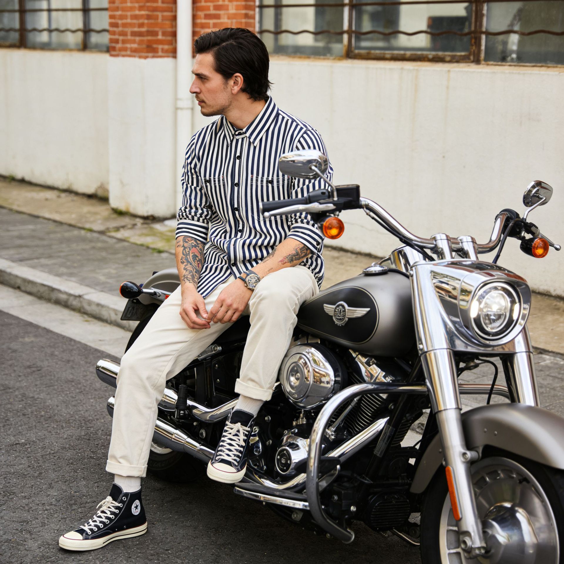 Nueva Okonkwo Camisa de rayas vertical americana retro hombres rayas ropa manga larga camisa ameikaji