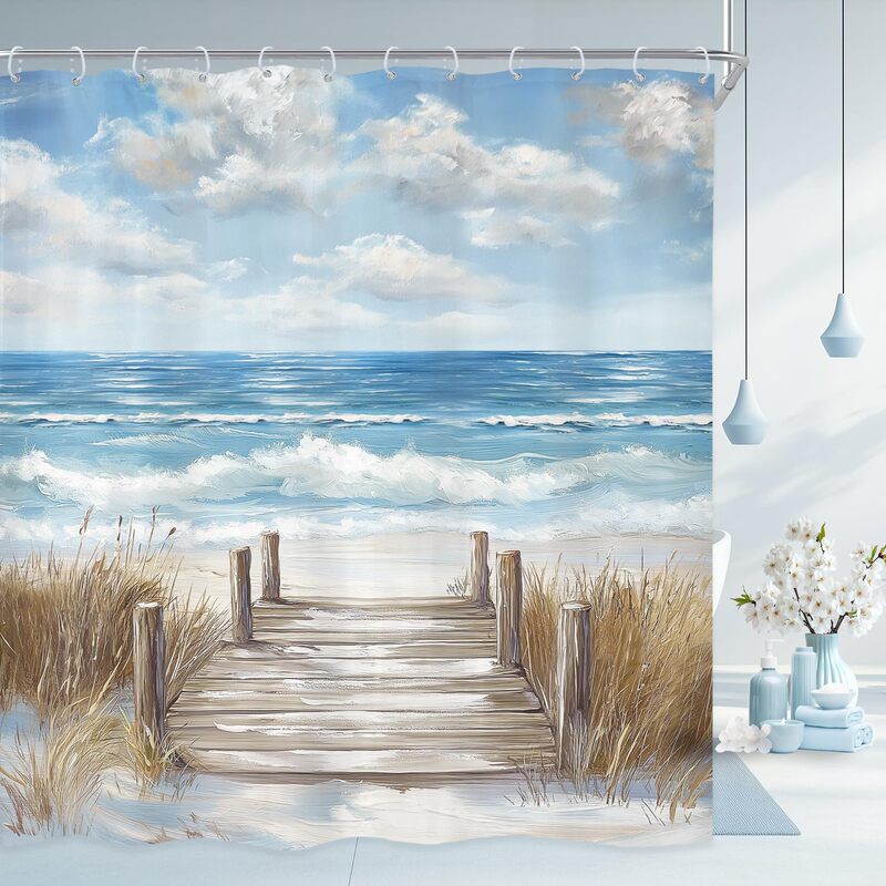 Bathroom Shower Curtain Blue Seaside Ocean Coastal Oil Painting Style Polyester Thickened Shower Curtain Digital Printing Bathroom Shower Curtain Blue Seaside Ocean Coastal Oil Painting Style Polyester Thickened Shower Curtain Digital Printing
