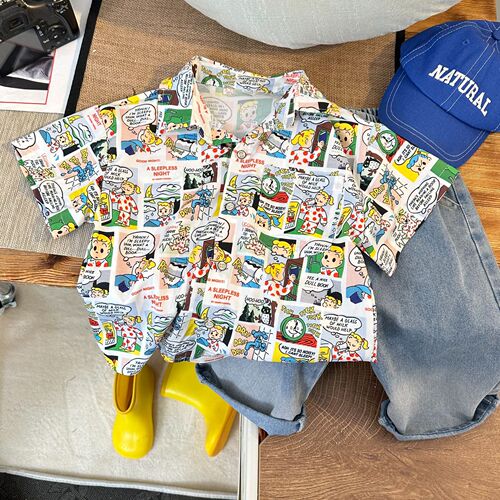 Children's shirt men's summer short-sleeved trendy flower fashion boy cartoon flower shirt foreign style Hong Kong style boy suit for vacation