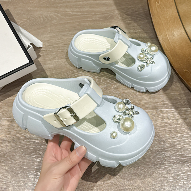 Clearance Ggglu Sunshine Road New Style Clogs with Thick Soles, Rhinestones, High Heels, Fashionable Closed-Toe Sandals for Outdoor Wear, Height-Increasing