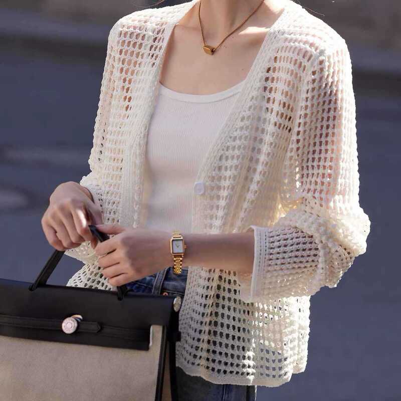 Designer Style Hand-Woven Special Yarn Heavy Hollow-Out Knit Cardigan Summer Jacket Air-Conditioning Shirt 15721