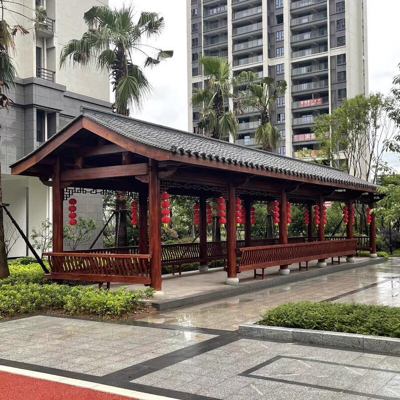 Customized Anti-Corrosion Wood Corridor Solid Wood Resin Tile Pavilion Corridor Chinese Outdoor Courtyard Camphor Pine Antique Landscape