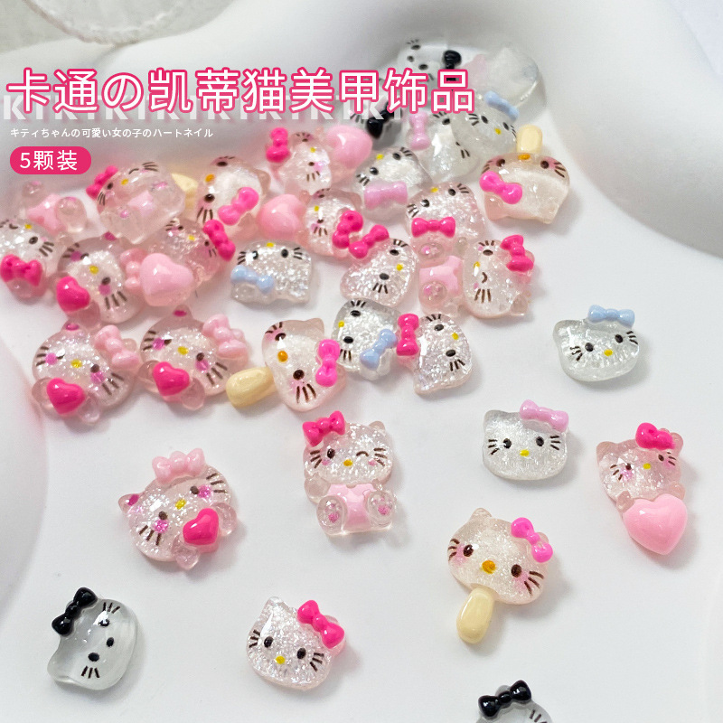 Kt Cat Nail Art Jewelry Cute Cartoon Hello Kitty Stereo Ice Transparent Bow Resin Nail Trinket Wholesale