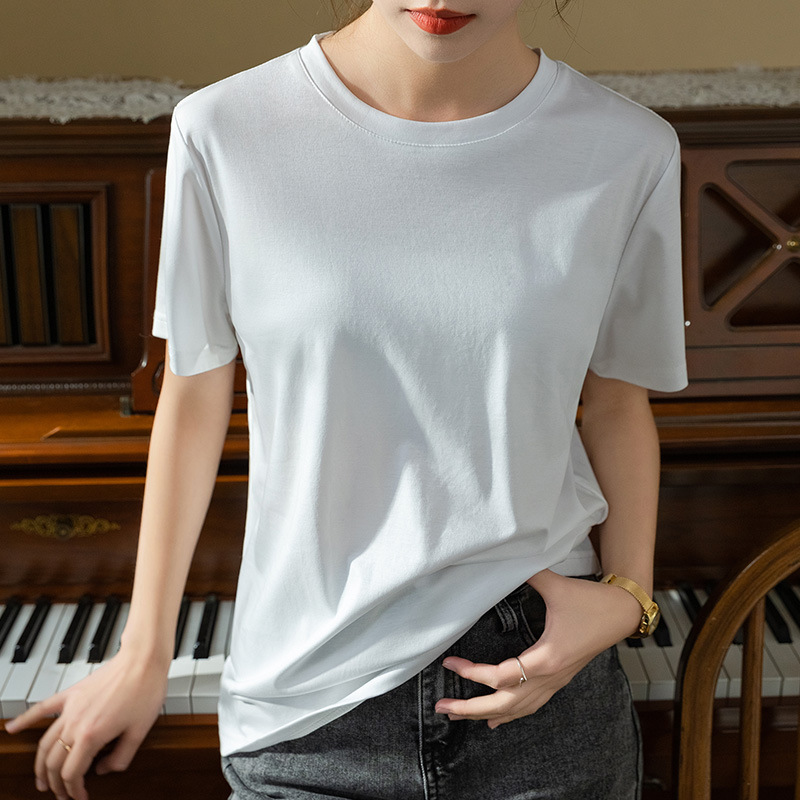 2023 nueva Camiseta de algodón con cuello redondo para mujer Camiseta de algodón mercerizado de hielo simple top de color sólido image 9