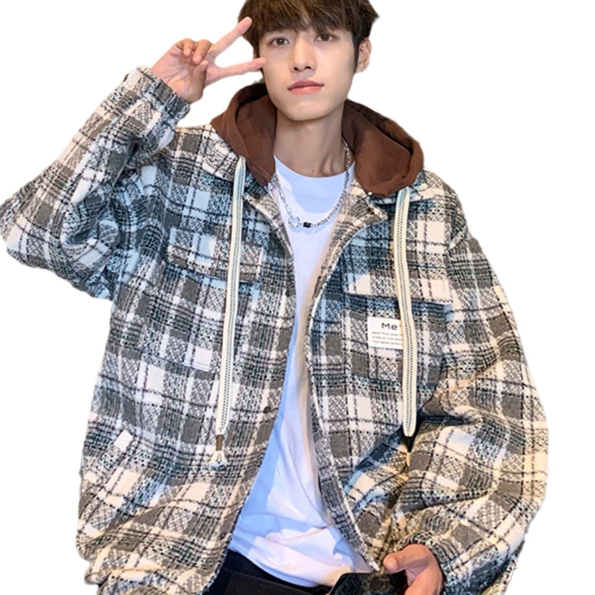 Chaqueta de camisa de solapa de moda a cuadros de tendencia juvenil