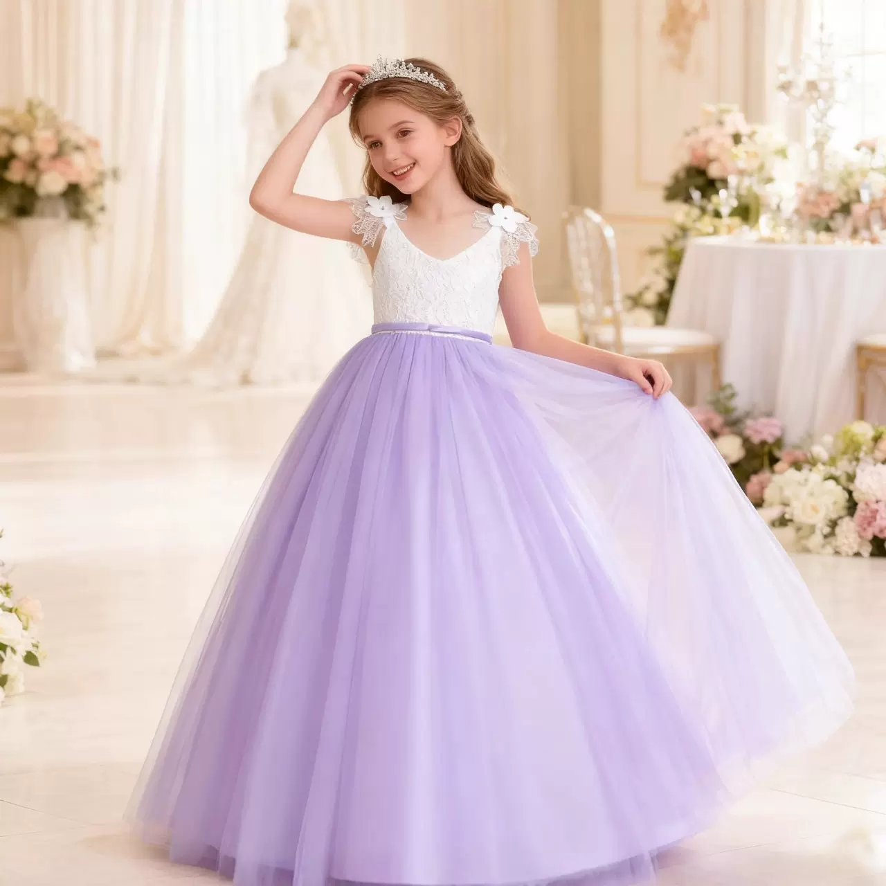 新款无袖长款礼服裙花童高端蓬蓬公主裙中大女童钢琴表演服婚礼服