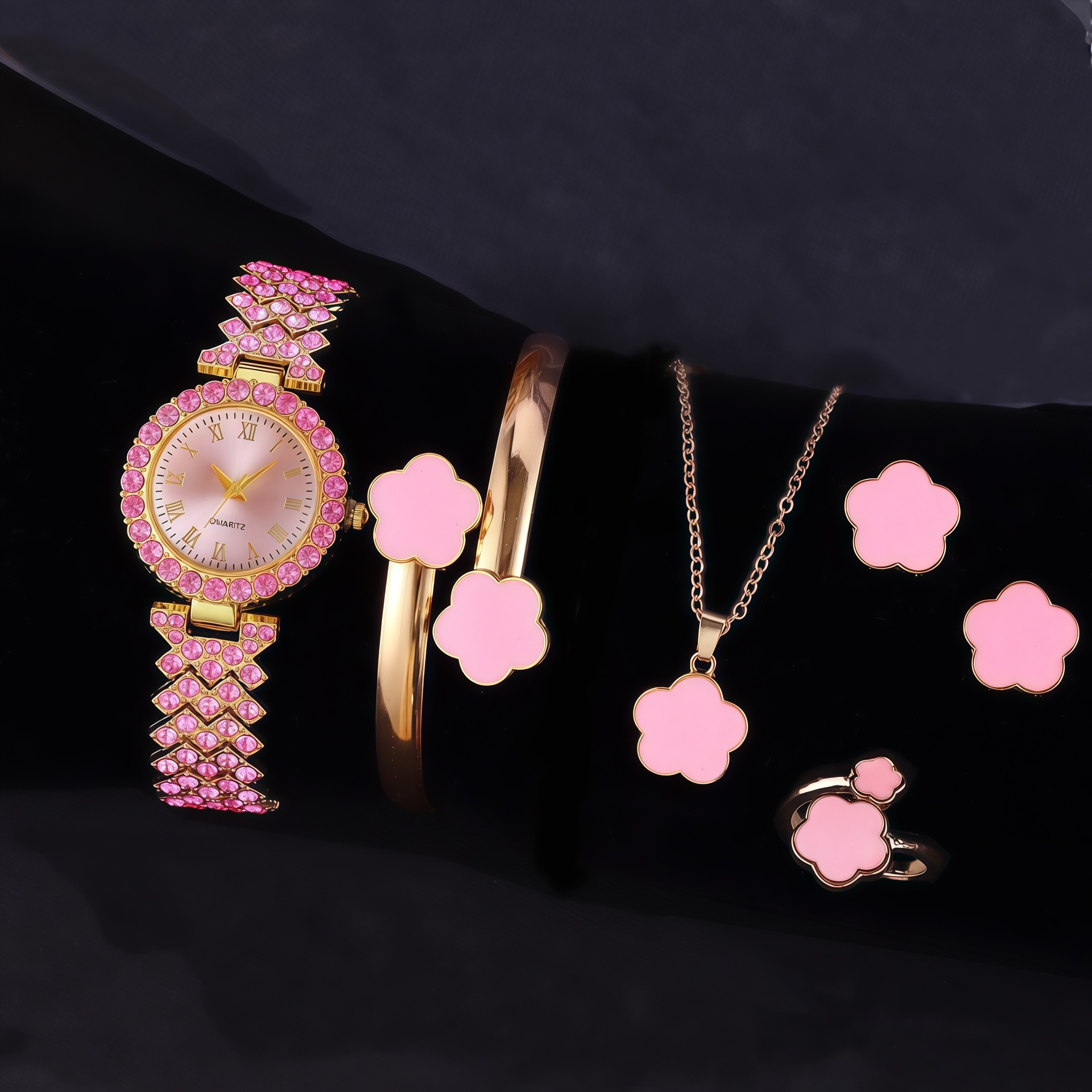 Cross-Border Popular Gemstone-Encrusted Women's Quartz Watch Jewelry Set New Fashion Color Diamond Gemstone Watch Set