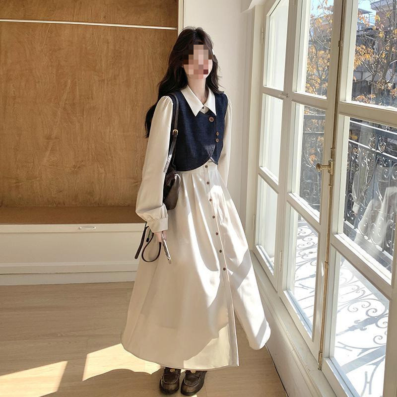 D6C Off-White French Shirt Dress Suit for Women 2025 Spring New Style Gentle Denim Vest Long Skirt Two