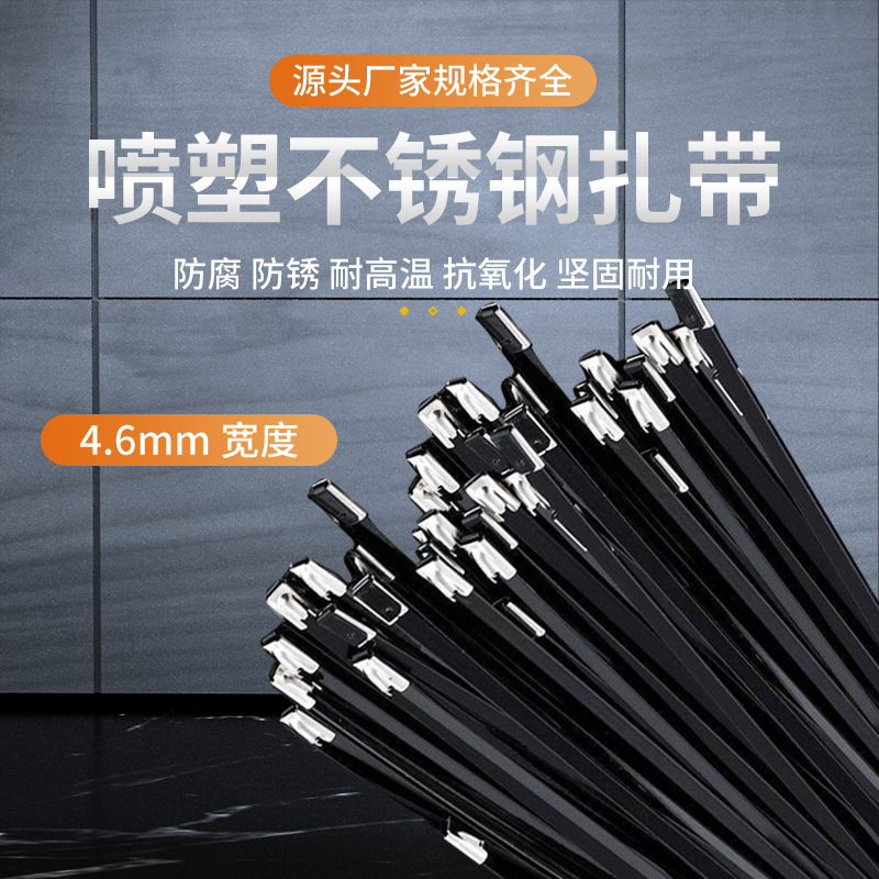 304喷塑不锈钢扎带黑色船用电缆4.6*200mm金属扎带支持定制100mm