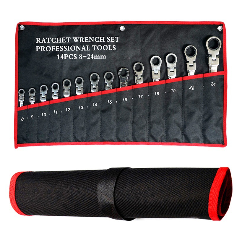 12-pieza de cabeza móvil Llave de trinquete traje conjuntos bolsa colgante completamente pulido CRV72 diente herramientas de reparación de automóviles