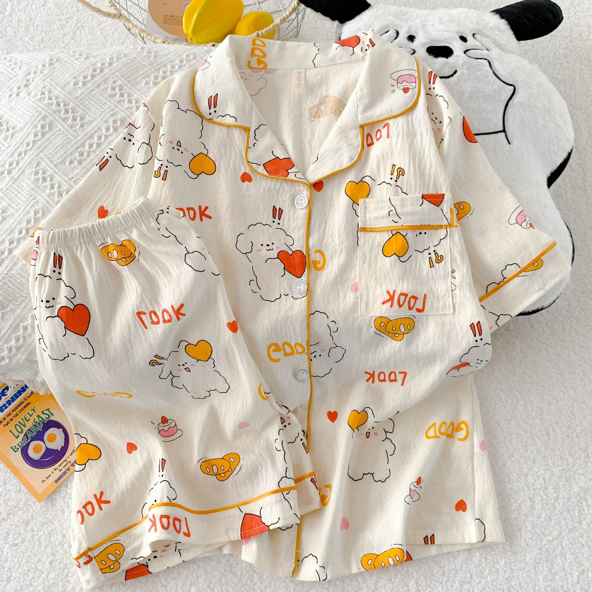Al por mayor transfronterizo explosión de verano nubes cardigan solapa pijamas de niña dulce mangas cortas pantalones cortos set de ropa para el hogar