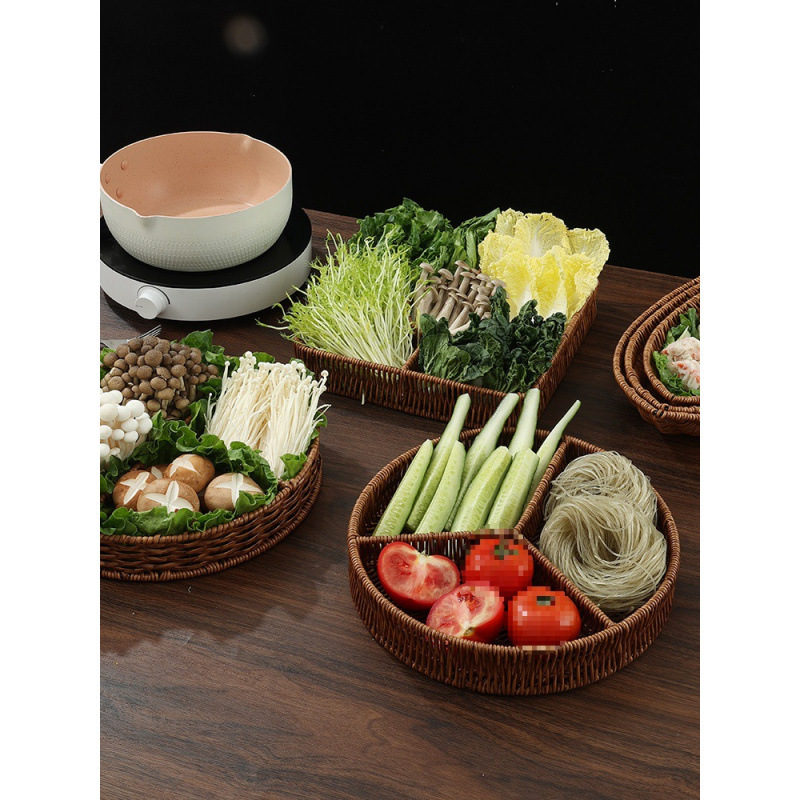 仿藤编织篮火锅店蔬菜分格拼盘烤肉配菜盘商用食材篮装菜特色餐具|undefined