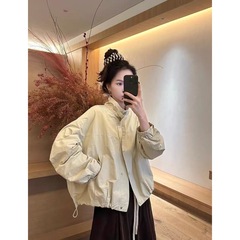 2025韩版时尚外套女2025春季新款宽松显瘦抽绳设计感立领工装上衣