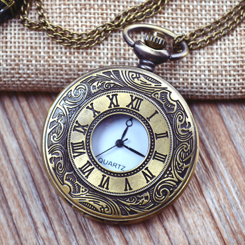 Fashionable Pastoral Style Retro Roman Pocket Watch Large Dual Display Engraved Scale Flip Cover Pendant Quartz Watch Cross-Border