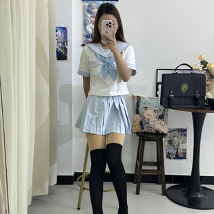Original JK uniform orthodox Japanese sailor suit improved water blue and white three female college style middle suit class suit in stock