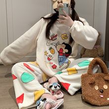 秋冬季新款韩版米粒绒睡衣女加绒加厚卡通珊瑚绒可外穿居家服套装