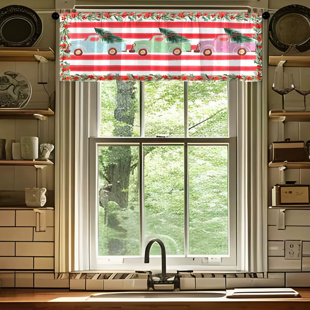 1PC多色花卉短帘厨房窗帘半帘跨境圣诞小窗户装饰涤棉