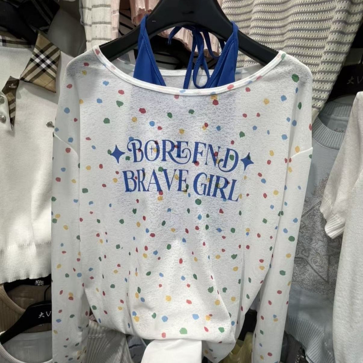 Loose Blouse with Chest Pads, Colorful Polka Dot Long-Sleeved T-Shirt Women's Set, Summer American-Style Spicy Girl Lettered Off-Shoulder Top