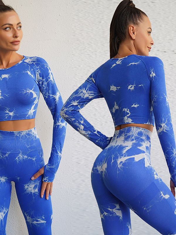 Trajes deportivos tie-dye europeos y americanos cuidadosamente seleccionados para mujer, pantalones deportivos ajustados de cintura alta que levantan los glúteos, ropa de yoga transpirable para fitness al aire libre