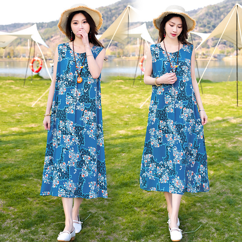 Summer Thin Cotton Silk Dress for Women, Long Over-The-Knee Cover-Up, Slimming Look Beach Dress, Plus Size Mother's Dress, Home Nightgown