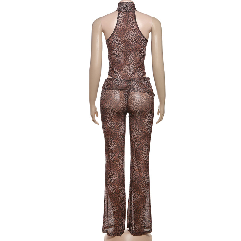 Spring Sexy Waist Trimming Contrast Color Sleeveless Leotard High Waist Leopard Print Trousers Two Piece Sets