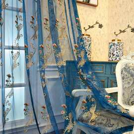 【布料】蓝色纱帘窗欧式窗帘刺绣零剪零裁纱帘门帘花璀璨刺绣欧式