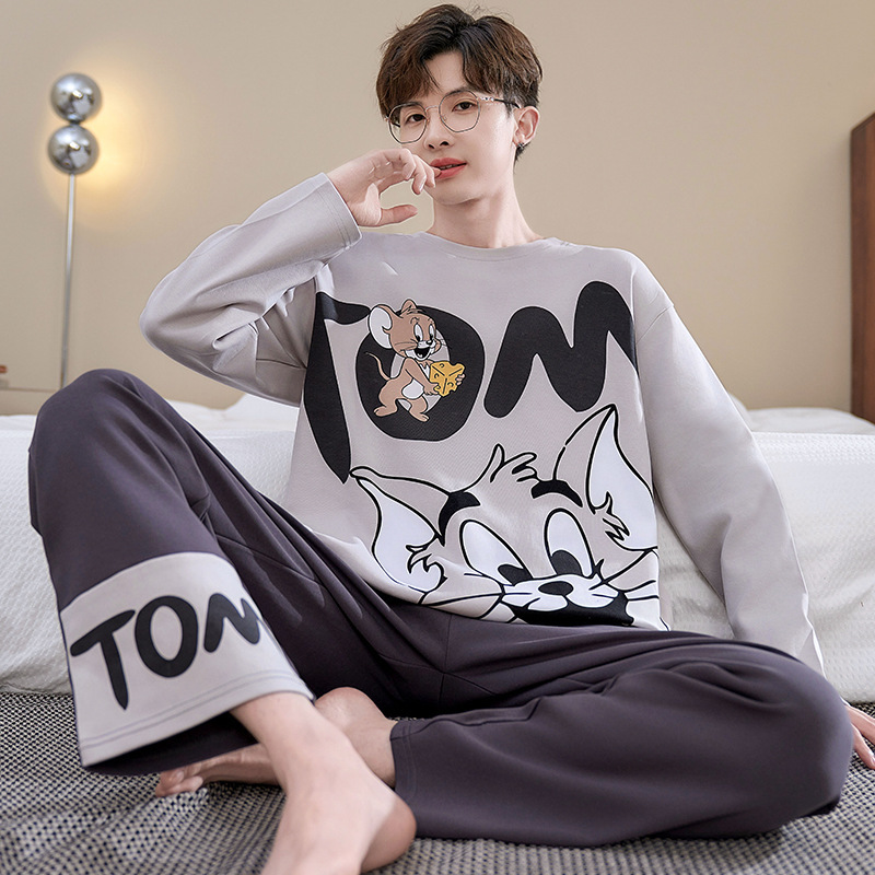 Pajamas Men's Spring and Autumn Long-sleeved Pure Cotton Cartoon Young People's Autumn Thin Pure Cotton Junior High School Students' Home Clothes suit