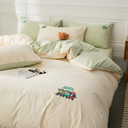 Cartoon Style 100% Cotton Long-staple Cotton Embroidery Four-piece Set All-season Soft Three-piece Set Cute Duvet Cover Bed Sheet Fitted Sheet Wholesale