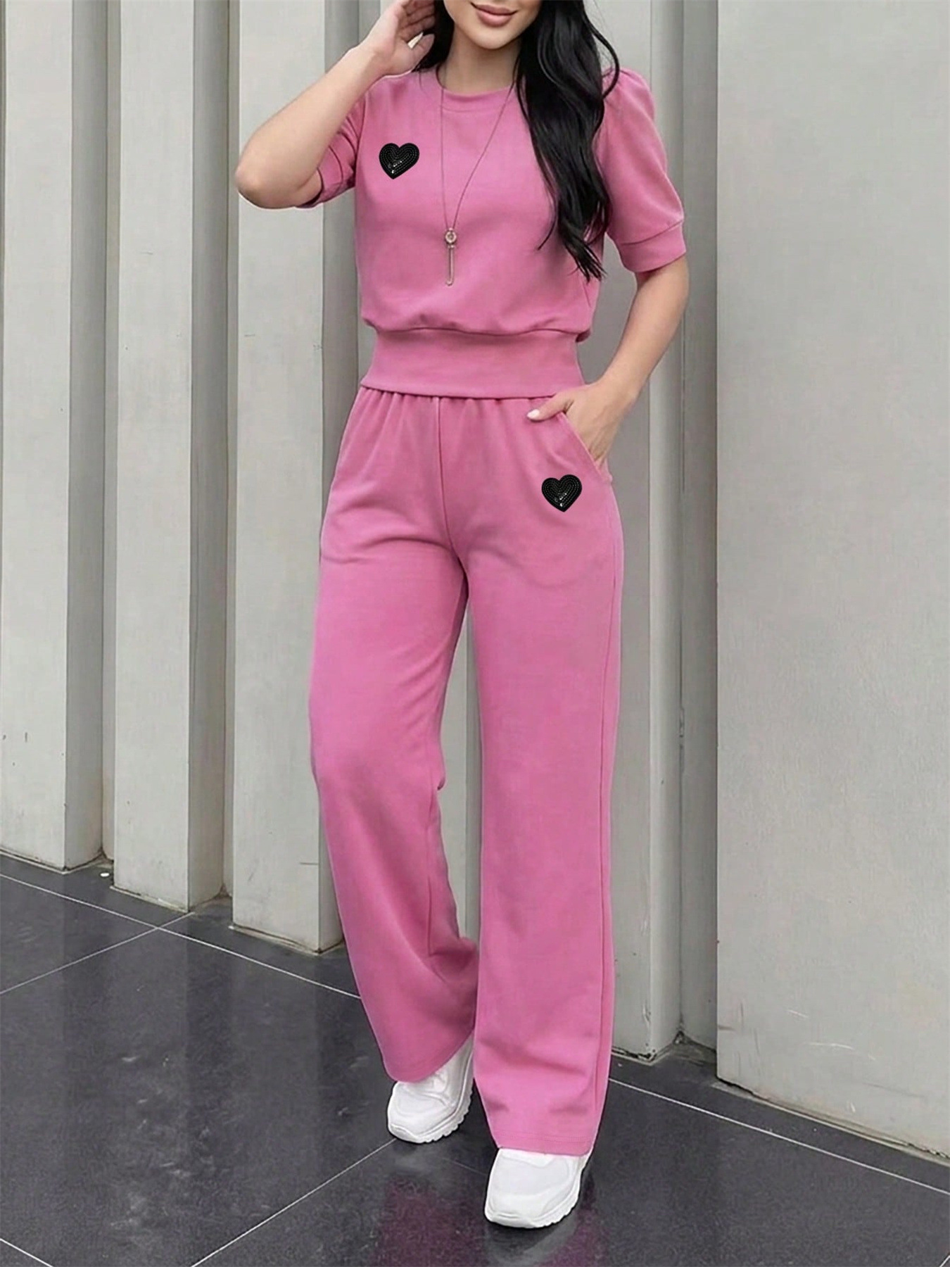 Women's Casual Suit Solid Color Heart Embroidered Puff Sleeve Top with Pocket Wide Leg Pants Spring/Summer Fashion_ecoleips.com