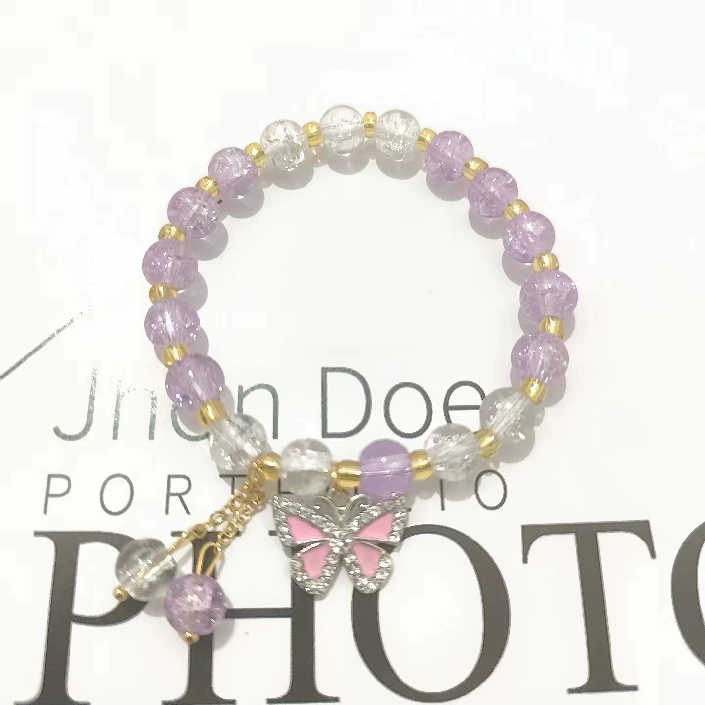 Браслет (Cute Fuchsia) бисерный, цветочный принт с подвеской, лёгкий 22 г
